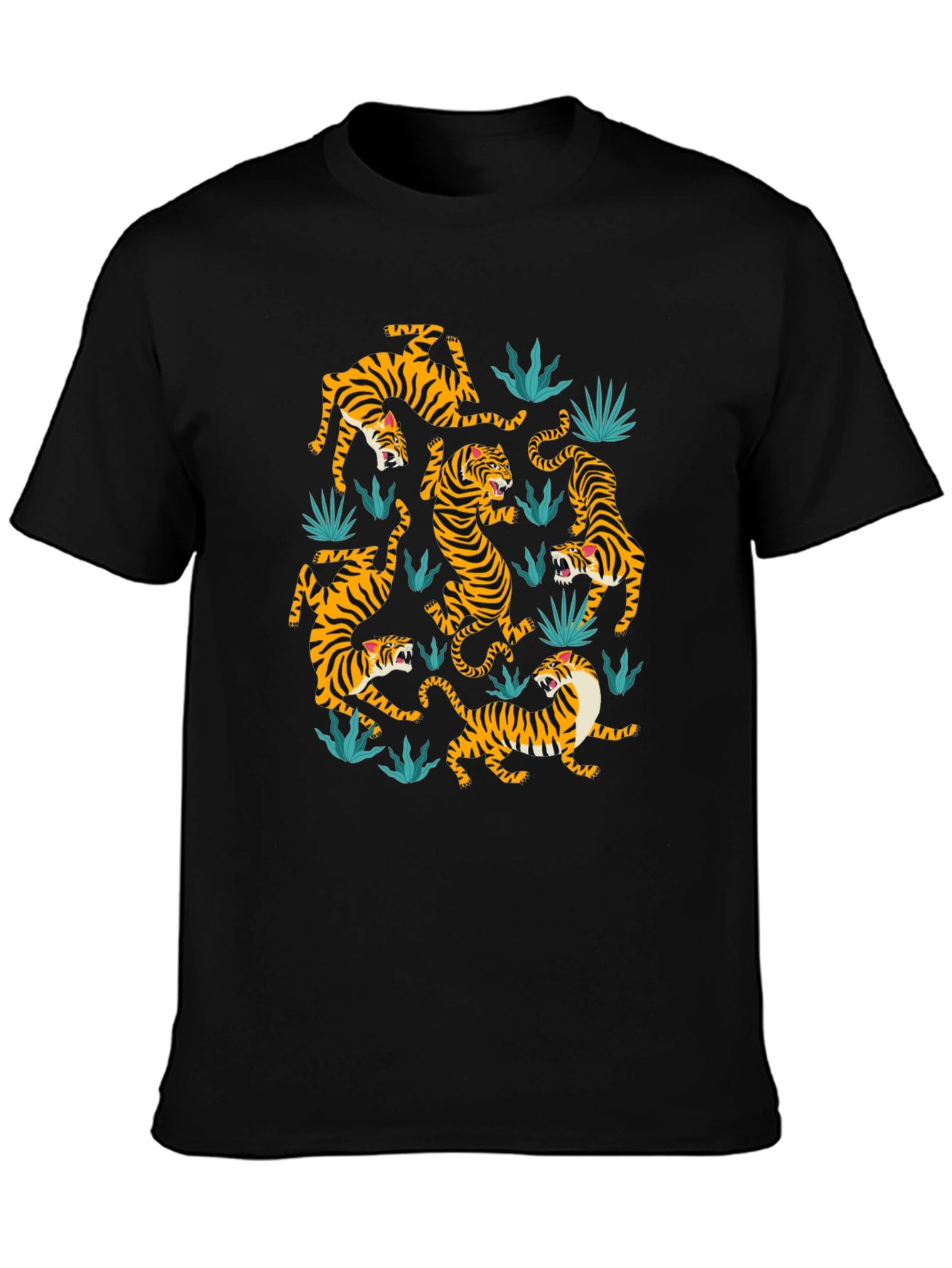 Tiger Print Crew Neck T-Shirt - Black
