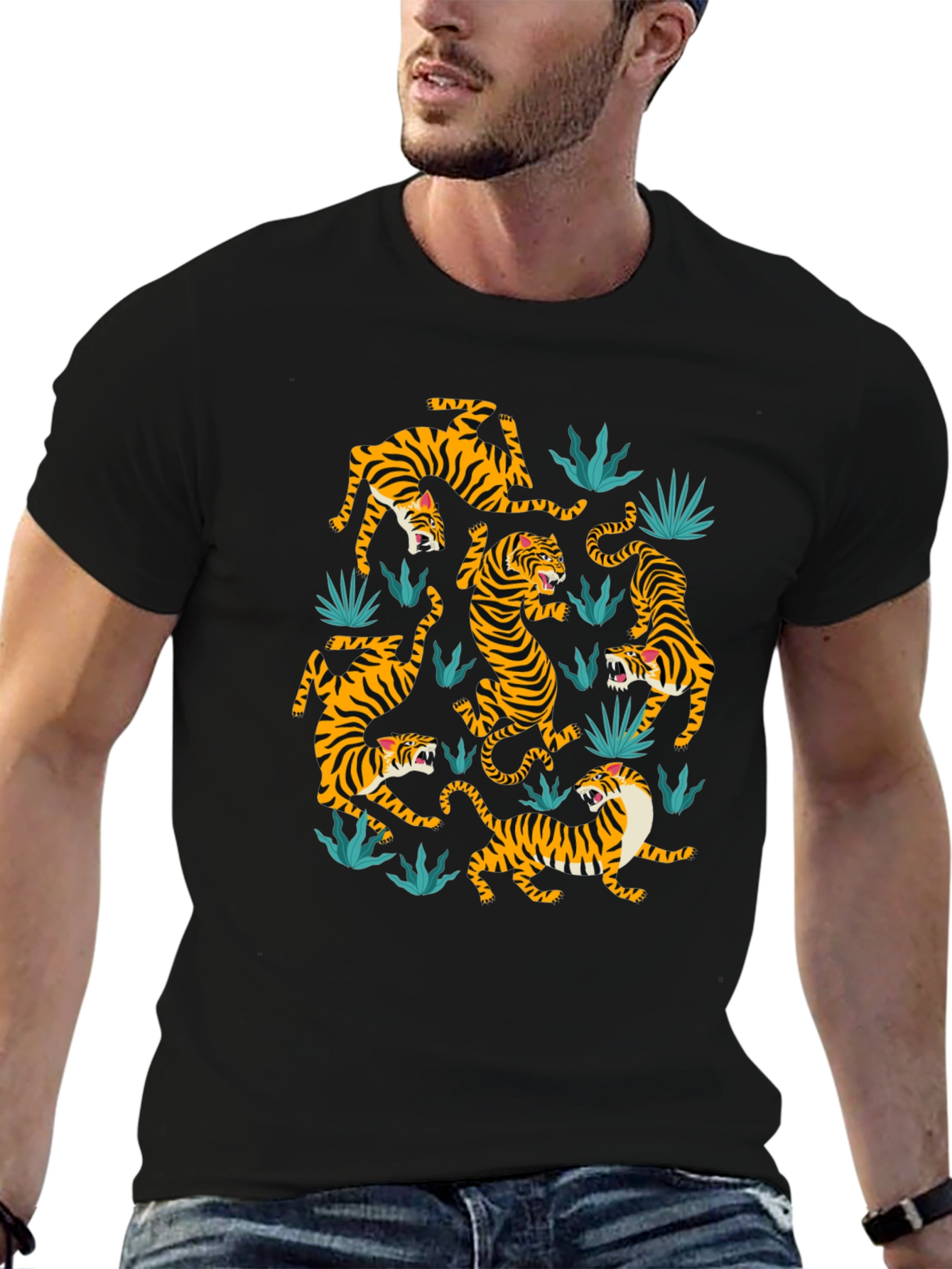 Tiger Print Crew Neck T-Shirt - Black