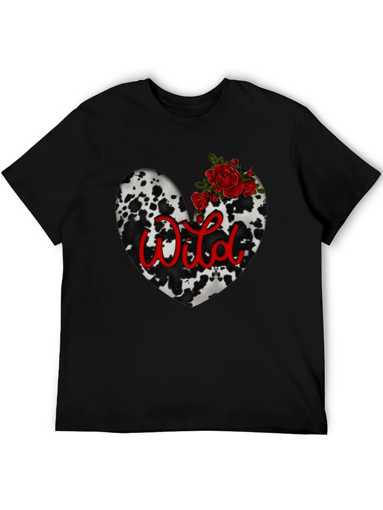 Wild Cow Print Heart Tee with Red Roses