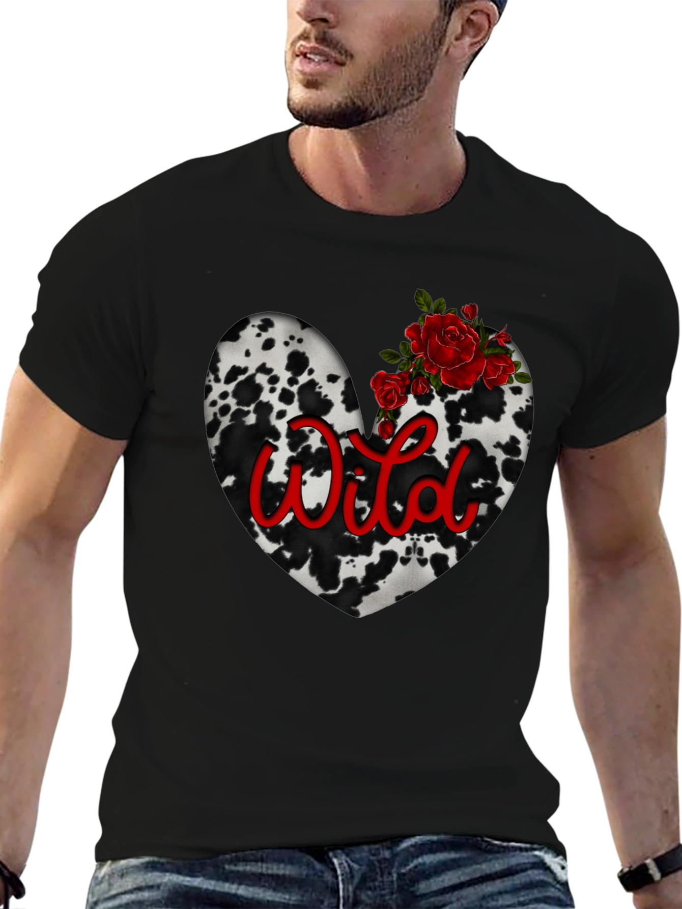 Wild Cow Print Heart Tee with Red Roses