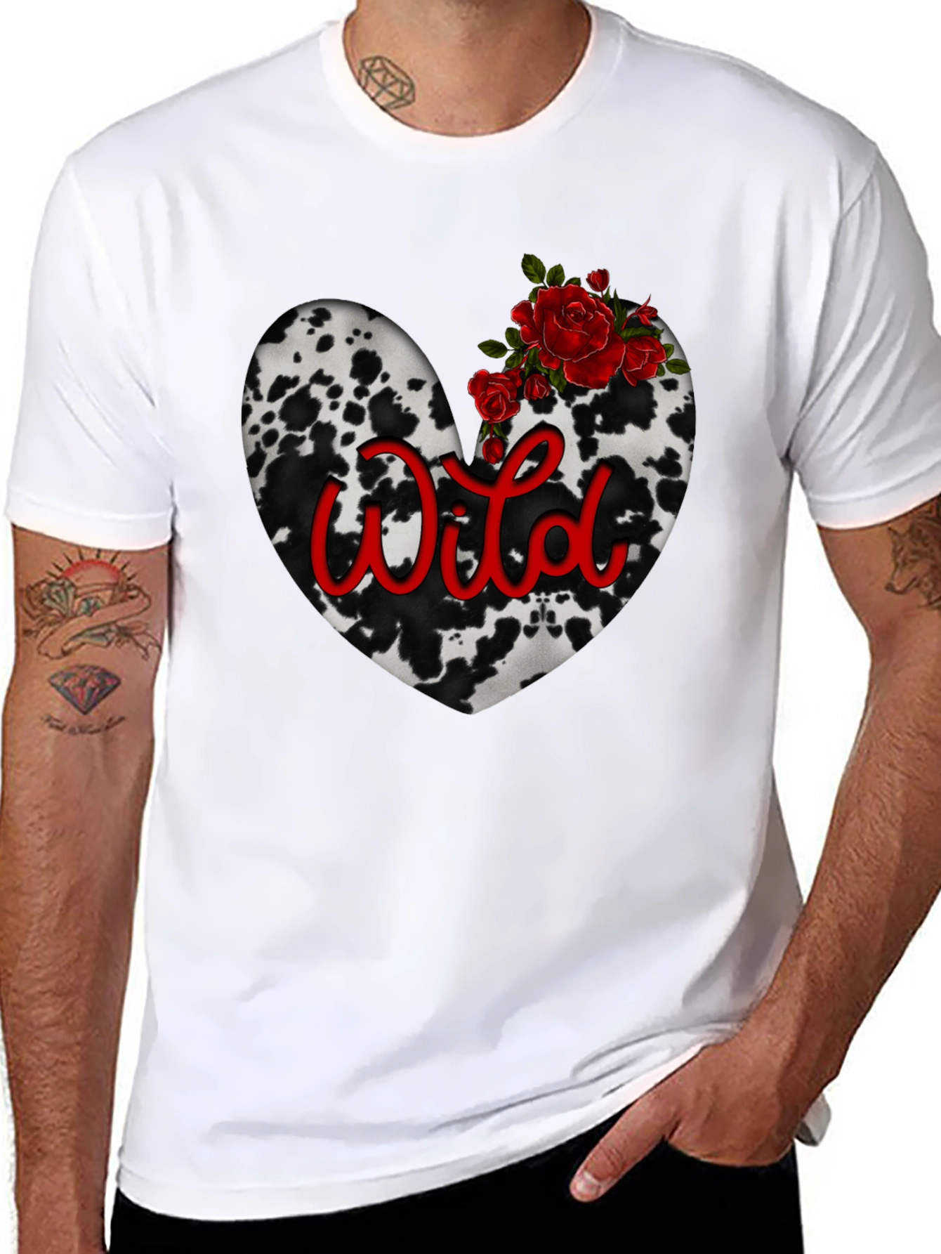 Wild Cow Print Heart Tee with Red Roses
