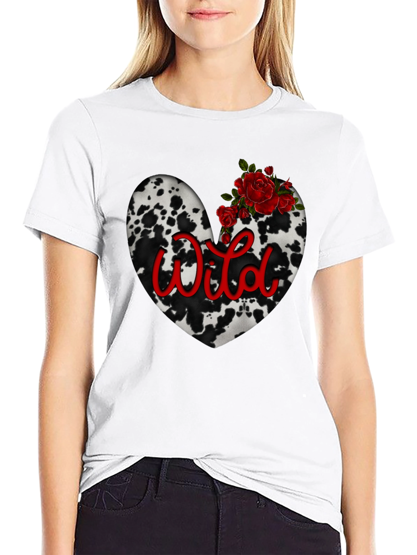 Wild Cow Print Heart Tee with Red Roses
