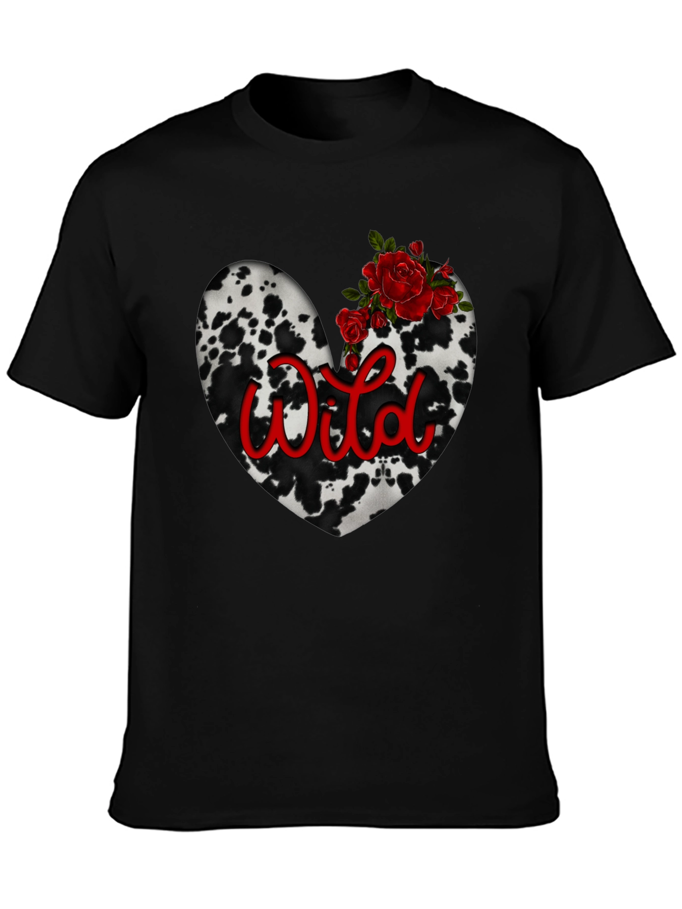 Wild Cow Print Heart Tee with Red Roses