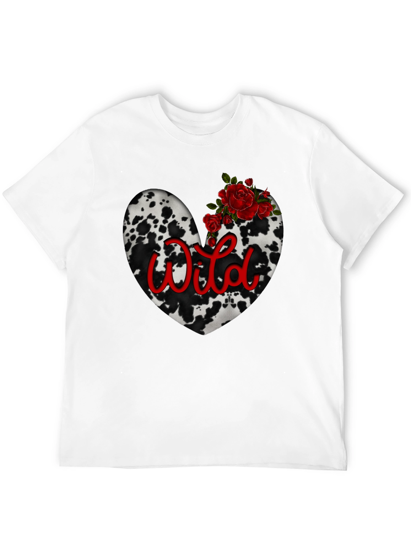 Wild Cow Print Heart Tee with Red Roses