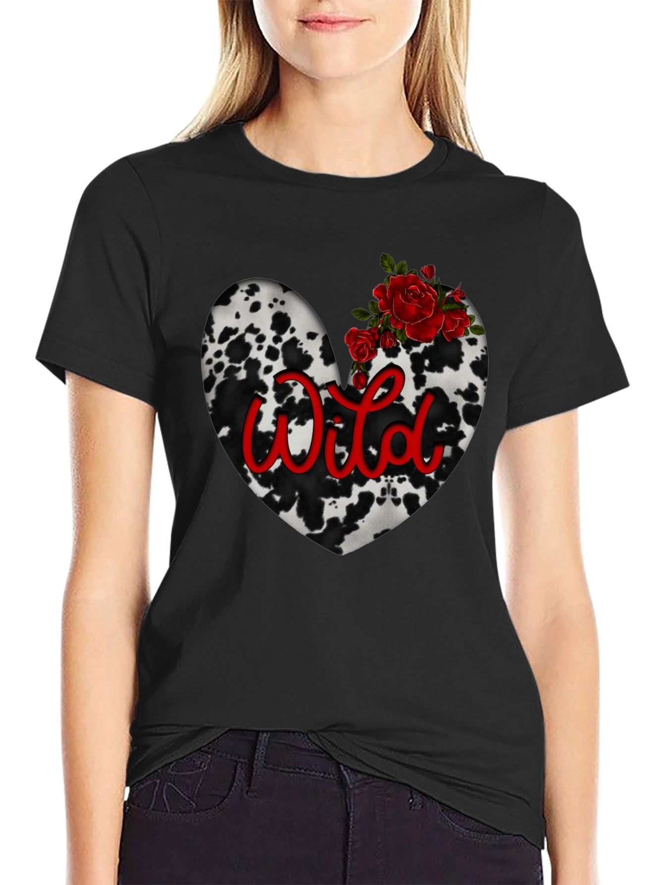 Wild Cow Print Heart Tee with Red Roses