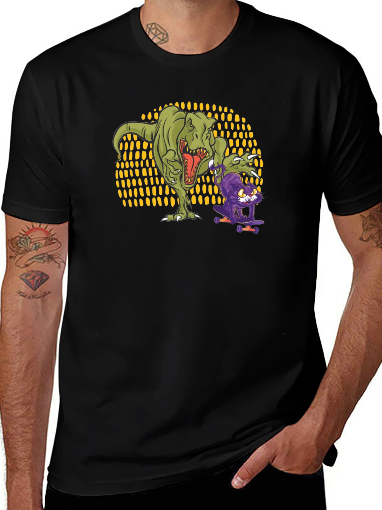 Dino & Cat Skateboard T-Shirt - Cool Graphic Tee