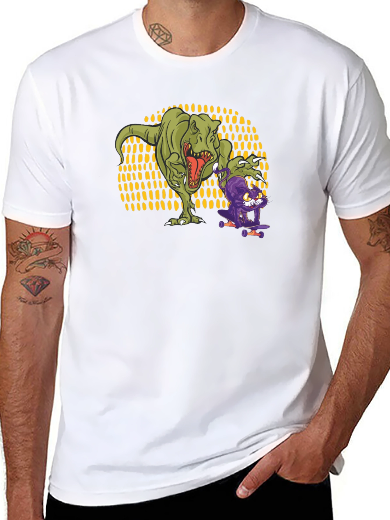 Dino & Cat Skateboard T-Shirt - Cool Graphic Tee