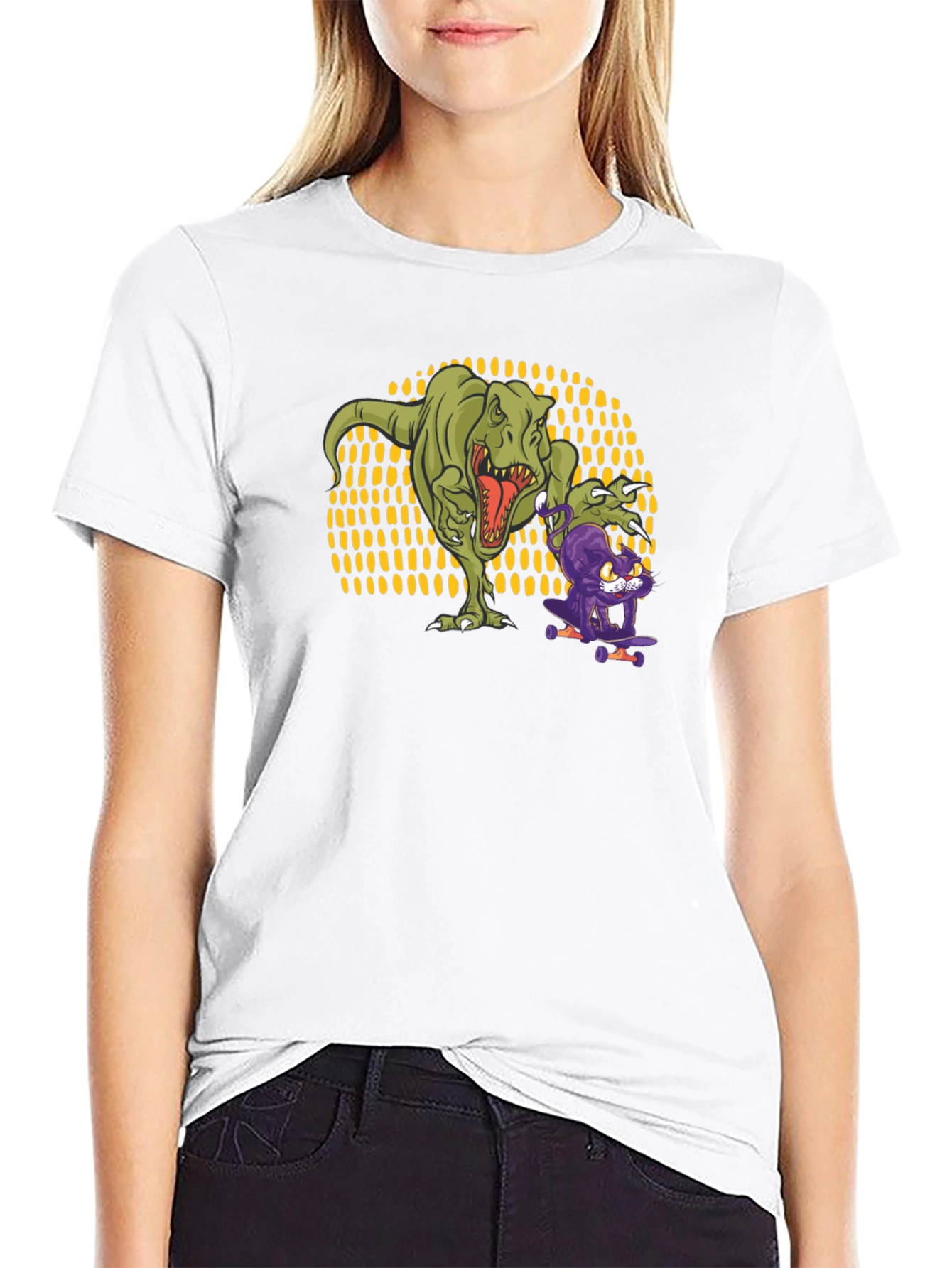 Dino & Cat Skateboard T-Shirt - Cool Graphic Tee