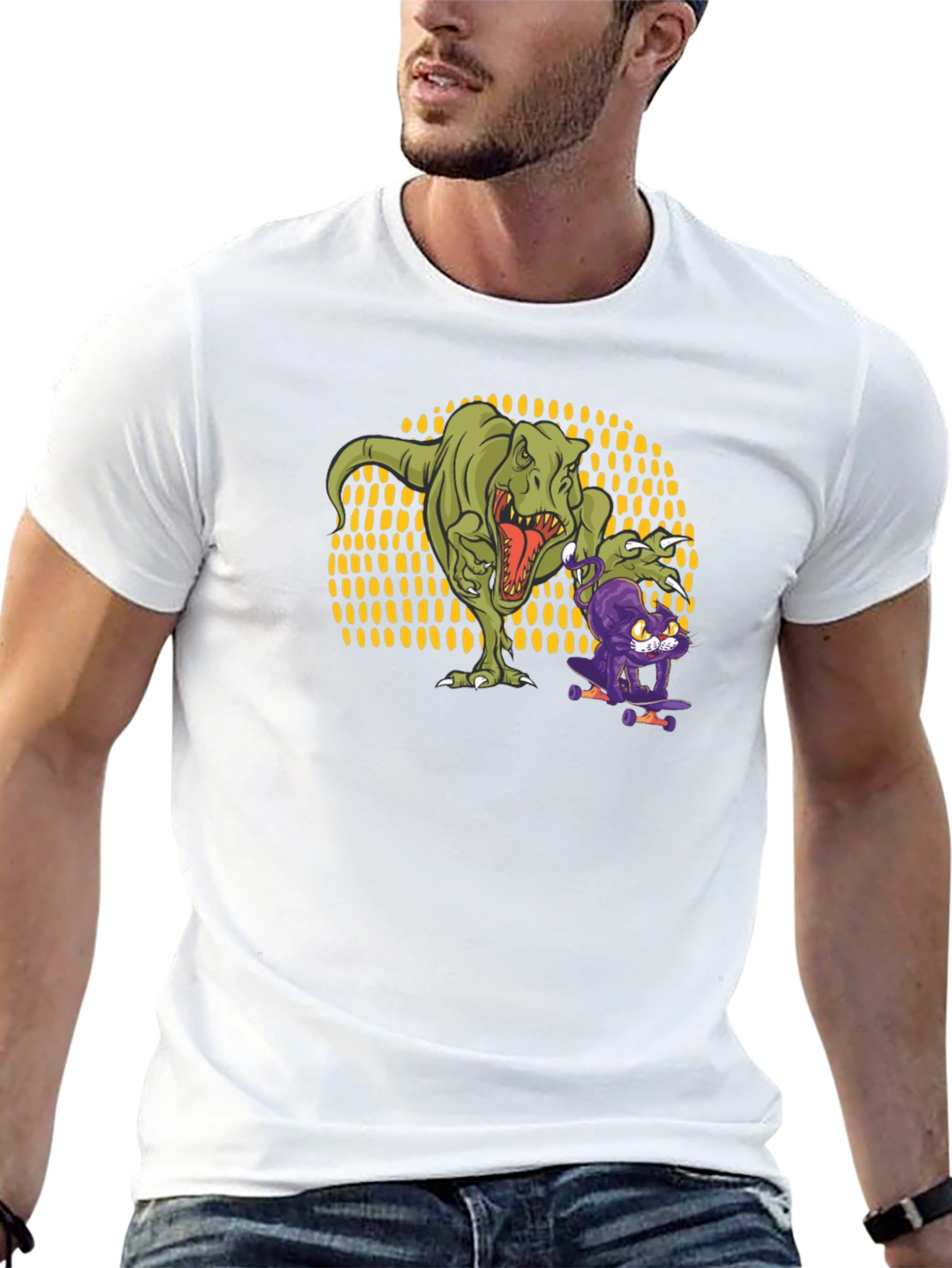 Dino & Cat Skateboard T-Shirt - Cool Graphic Tee