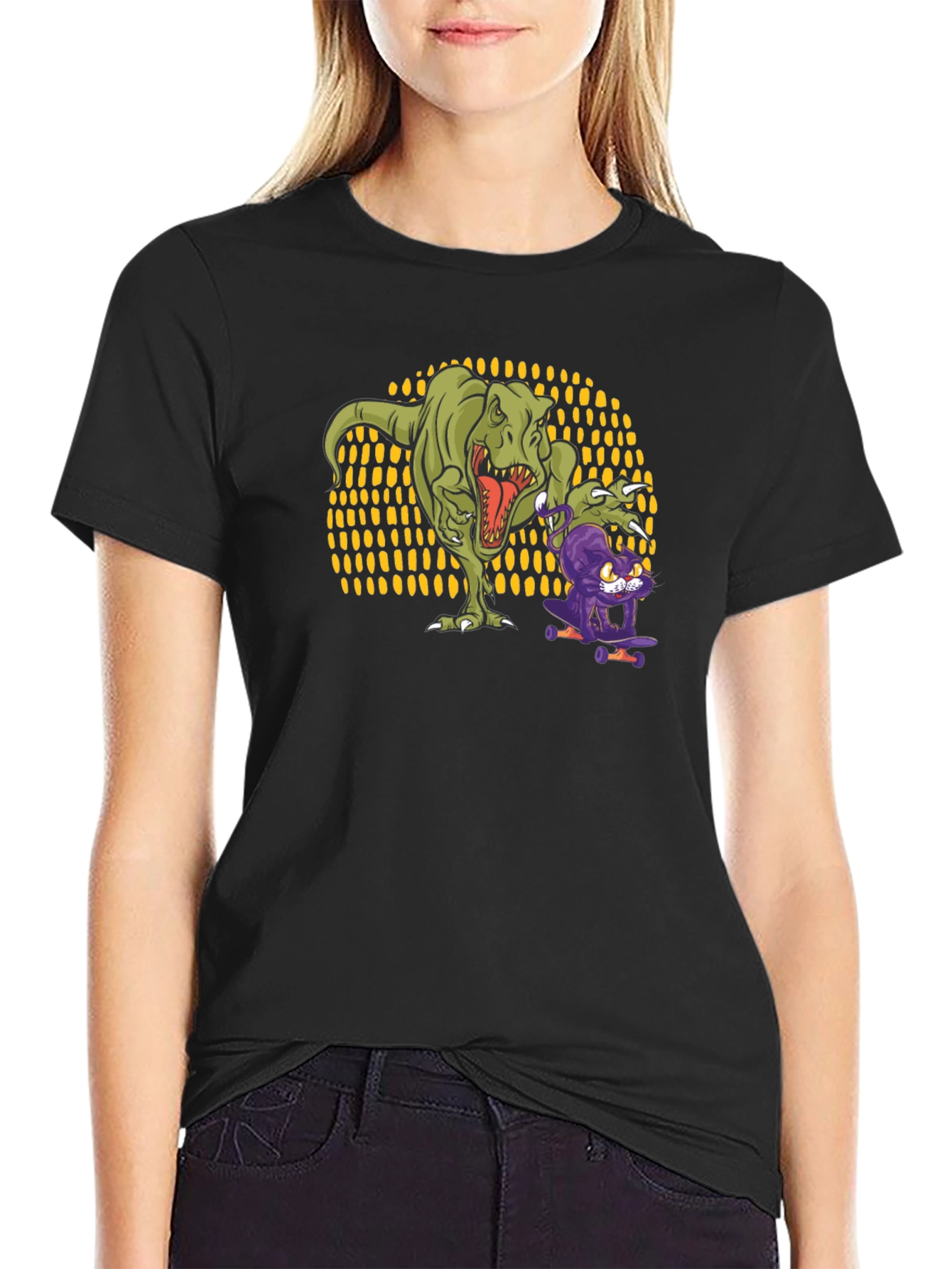 Dino & Cat Skateboard T-Shirt - Cool Graphic Tee