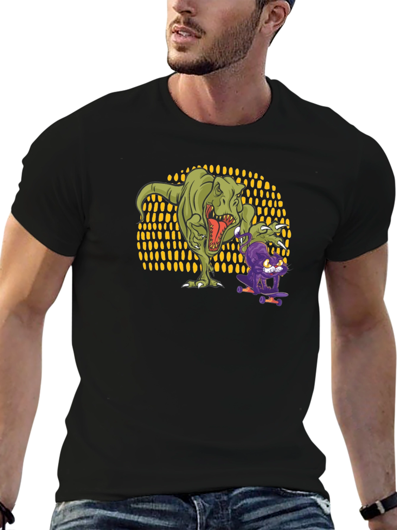Dino & Cat Skateboard T-Shirt - Cool Graphic Tee