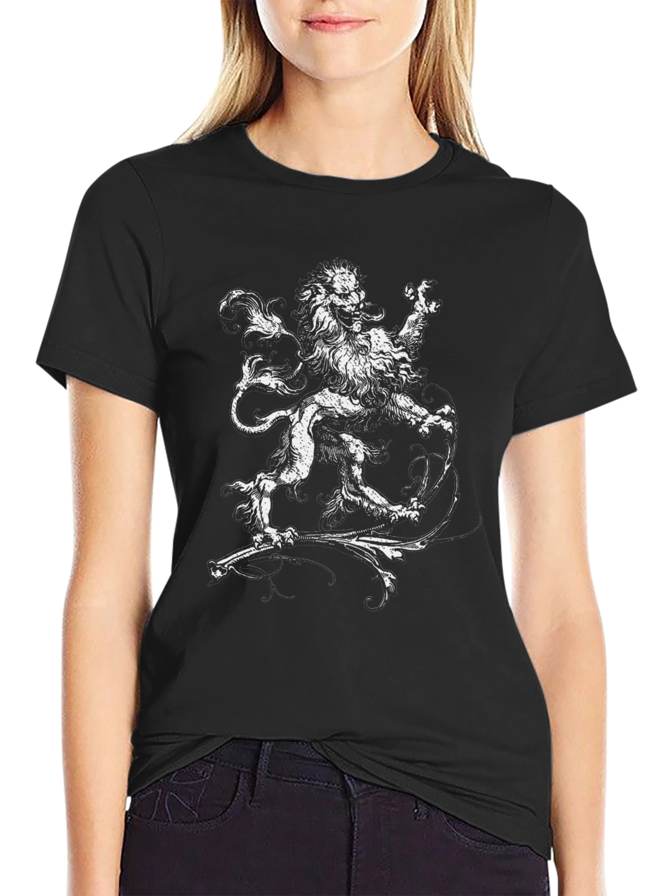 Black Graphic Tee with Lion Design