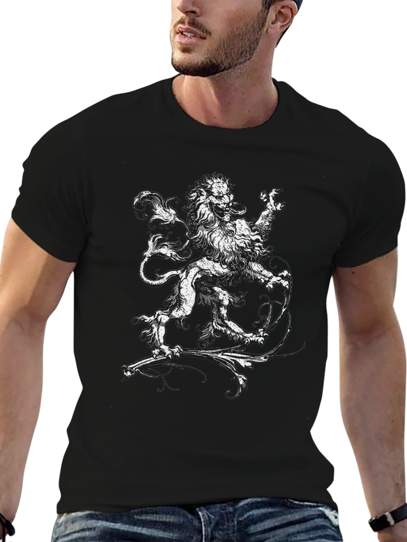 Black Graphic Tee with Lion Design