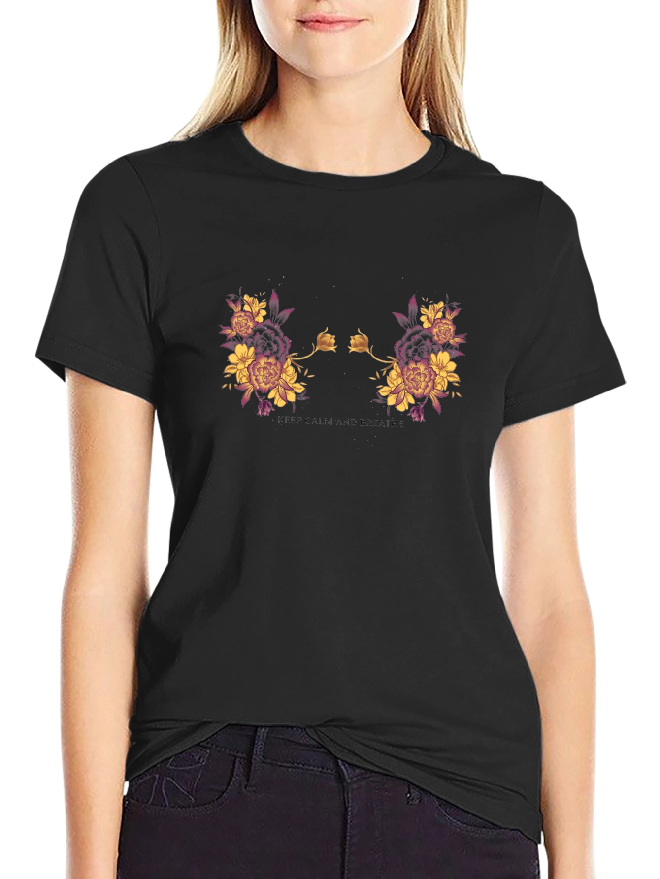 Floral Black T-Shirt: Keep Calm and Breathe