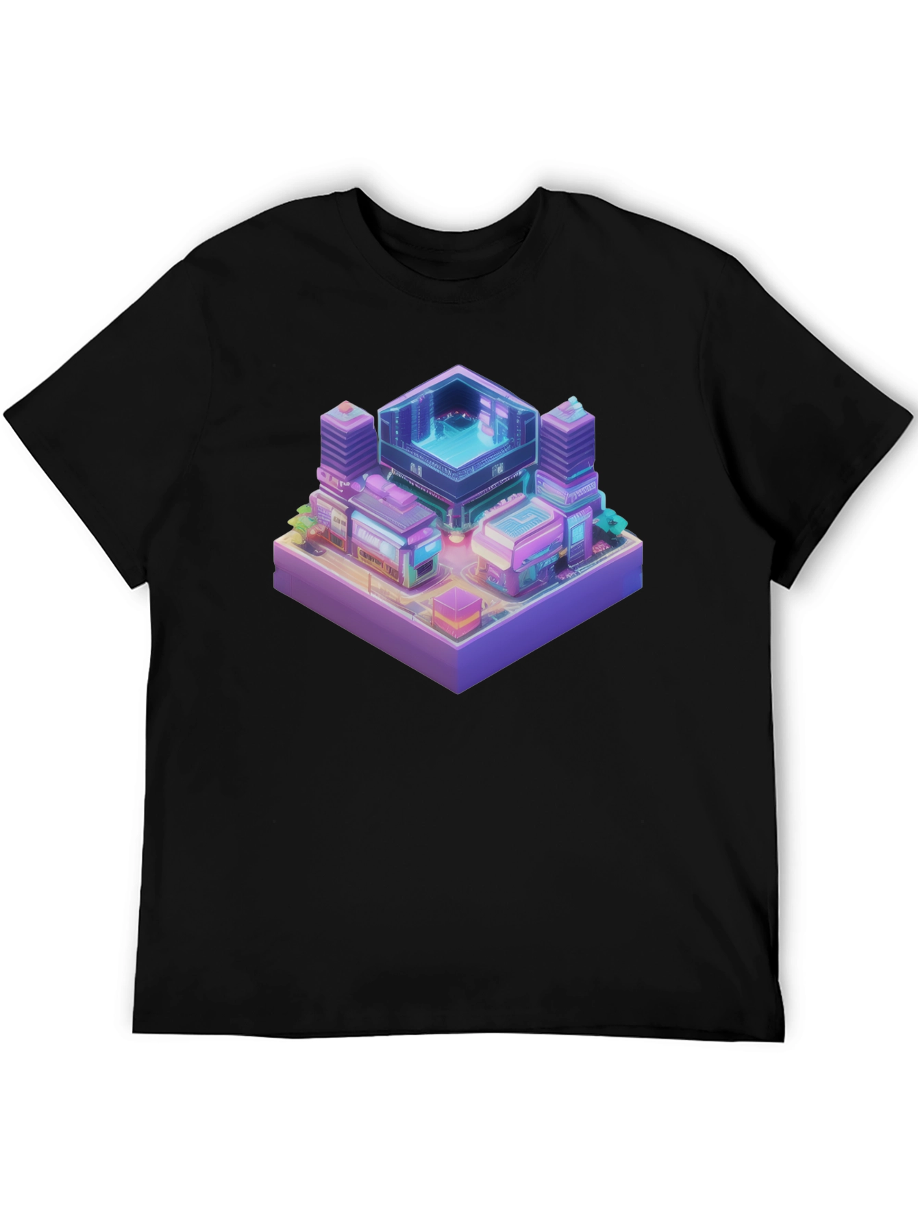 Isometric Cyberpunk Cityscape Black T-Shirt