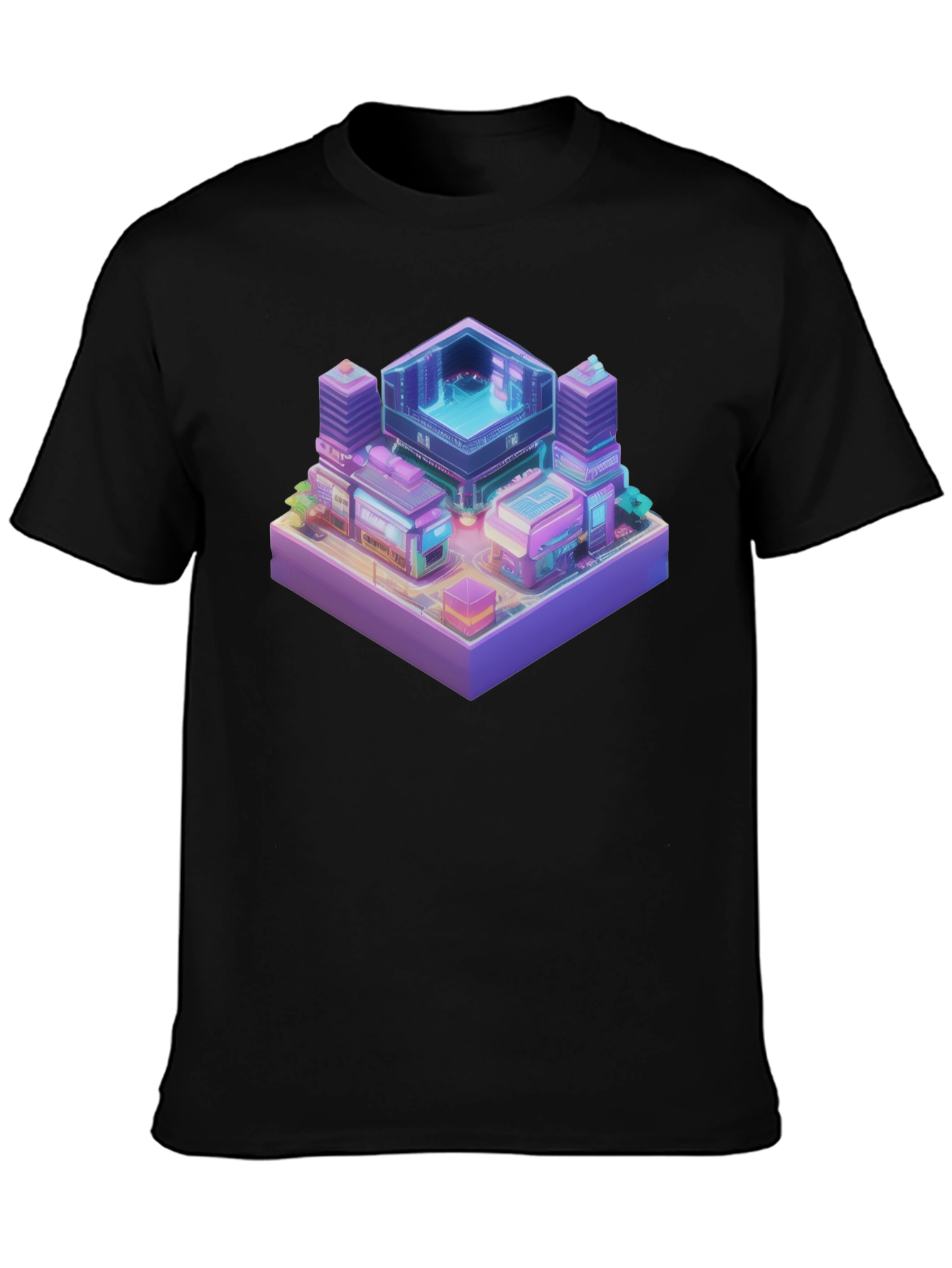 Isometric Cyberpunk Cityscape Black T-Shirt