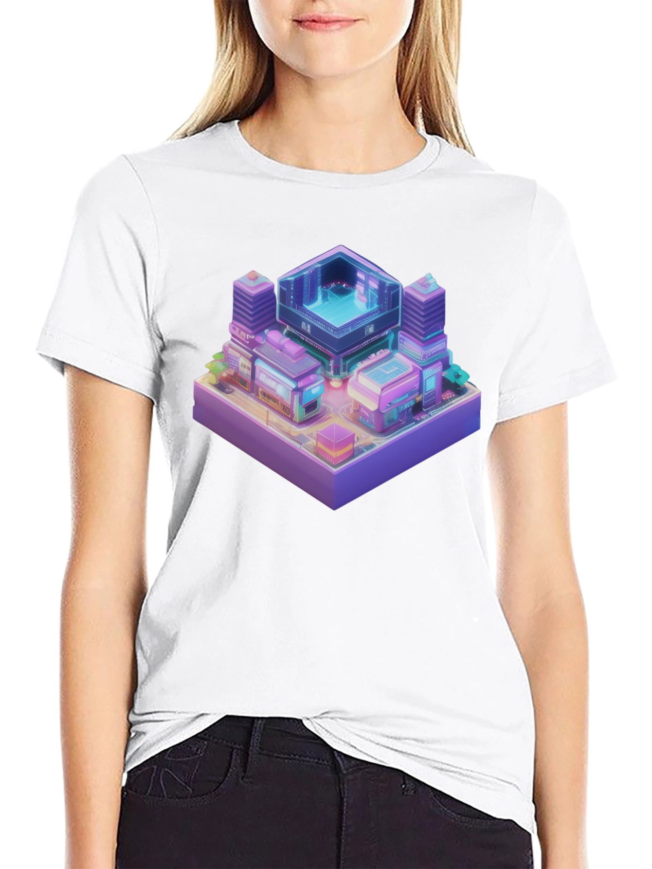 Isometric Cyberpunk Cityscape Black T-Shirt