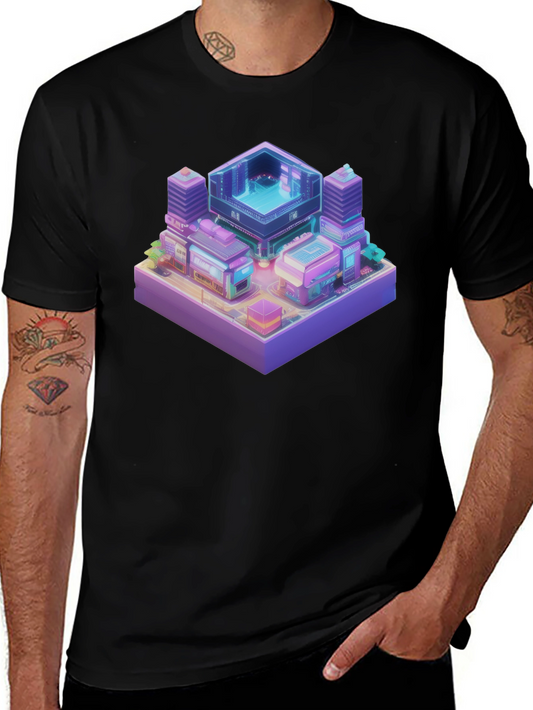 Isometric Cyberpunk Cityscape Black T-Shirt
