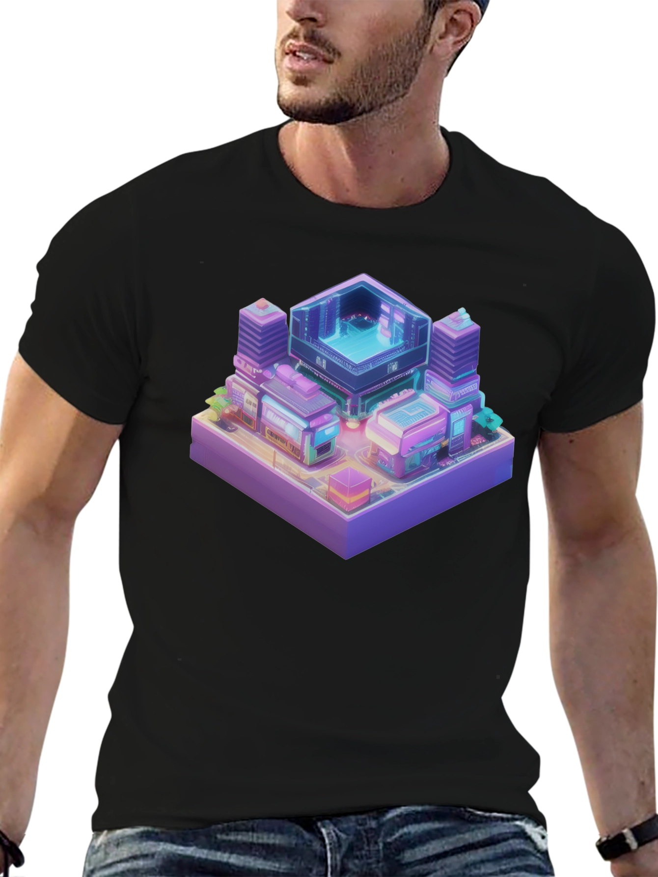 Isometric Cyberpunk Cityscape Black T-Shirt