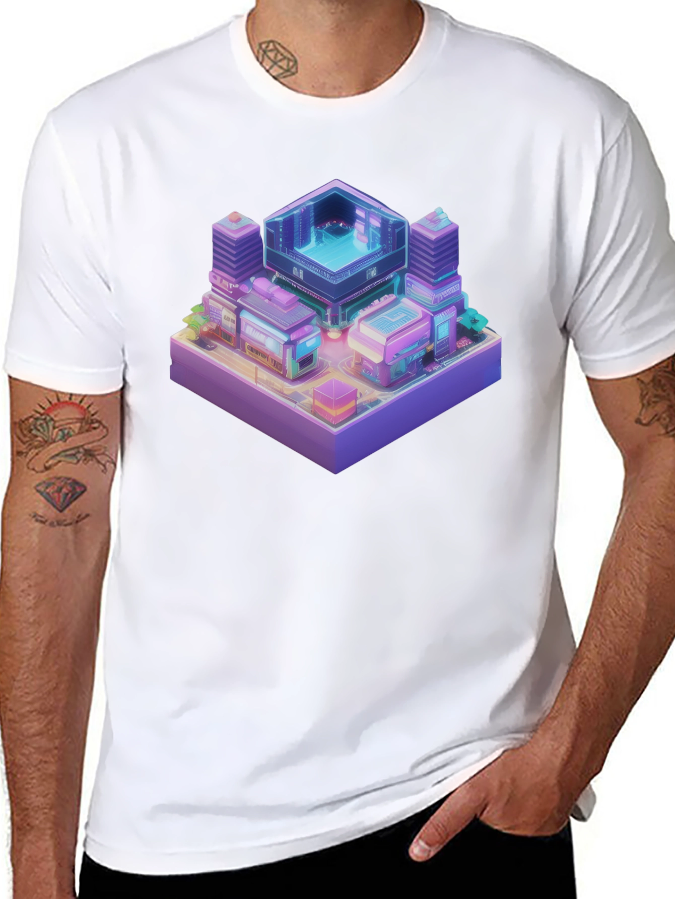 Isometric Cyberpunk Cityscape Black T-Shirt