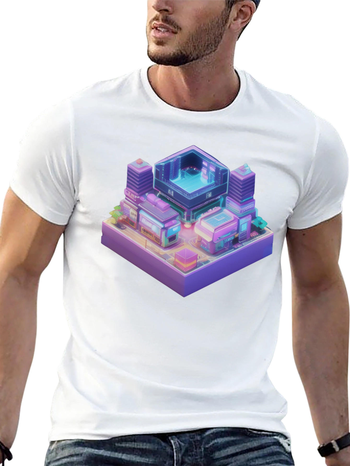 Isometric Cyberpunk Cityscape Black T-Shirt