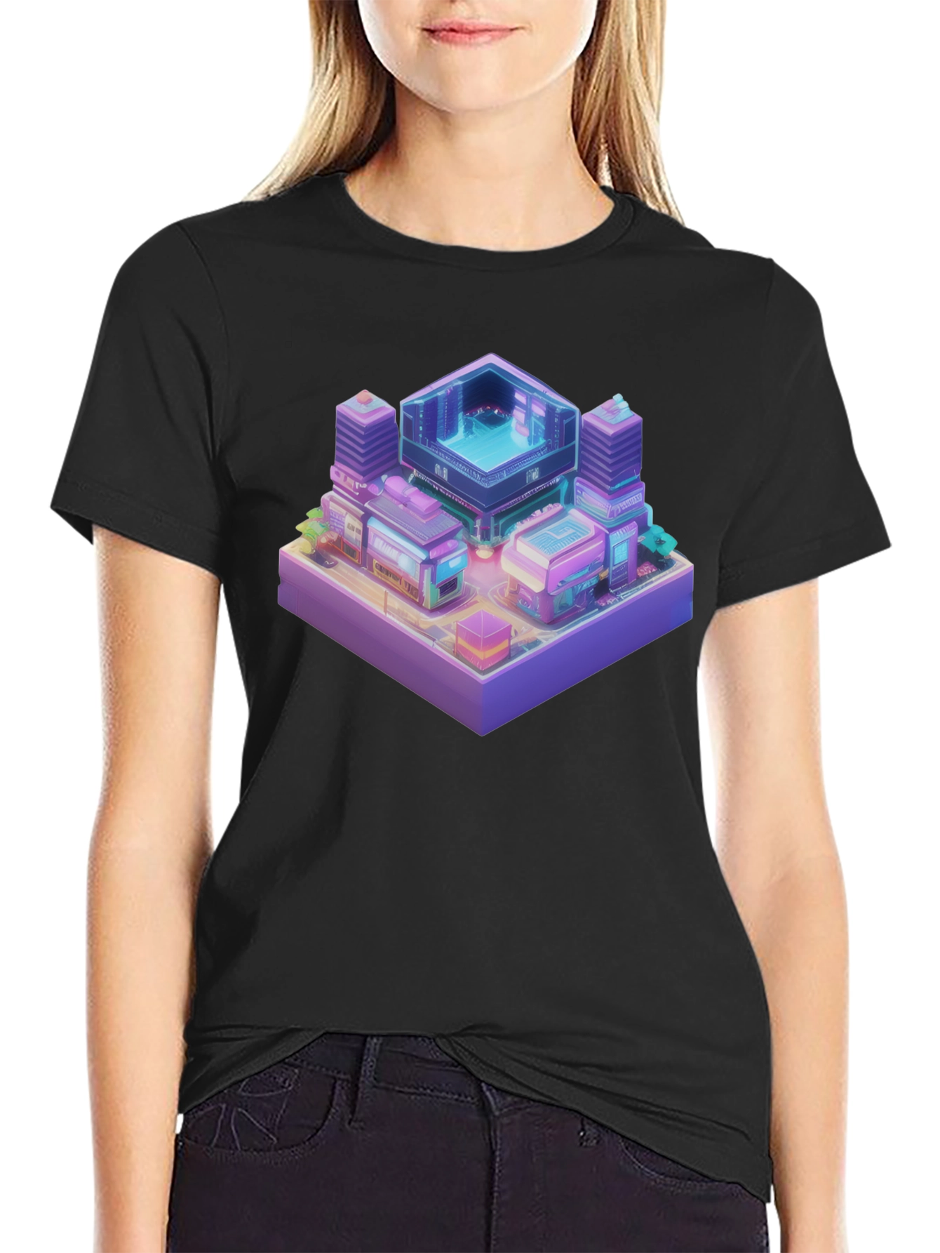 Isometric Cyberpunk Cityscape Black T-Shirt