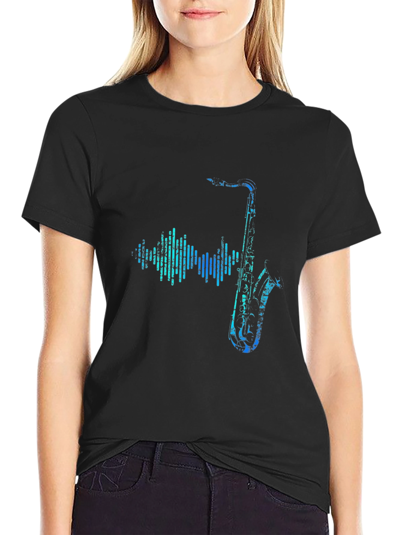 Saxophone Soundwave Graphic Tee - Black Cotton