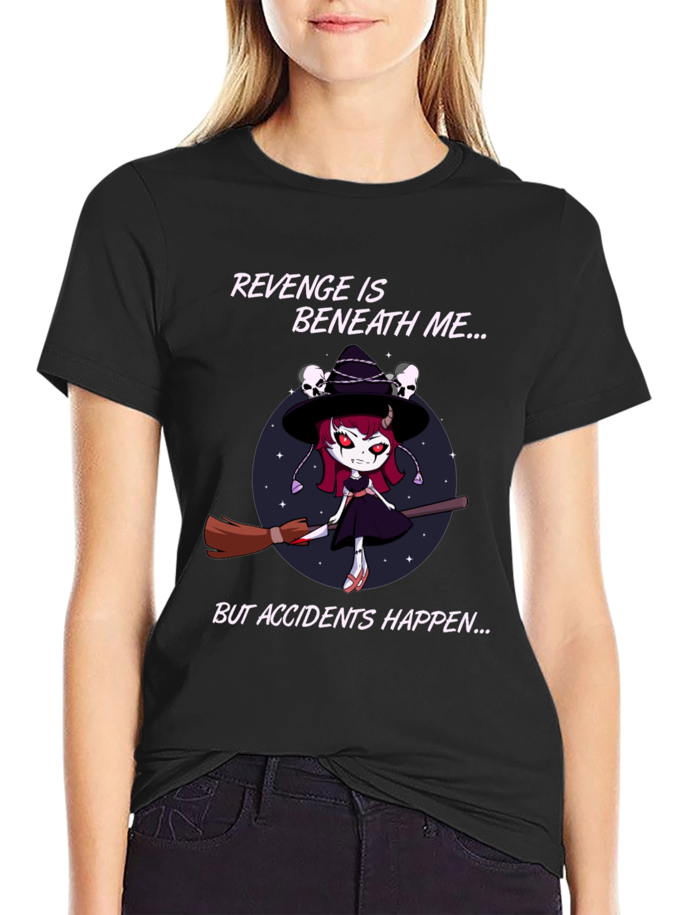Revenge Witch T-Shirt: Accidents Happen - Black Cotton Tee