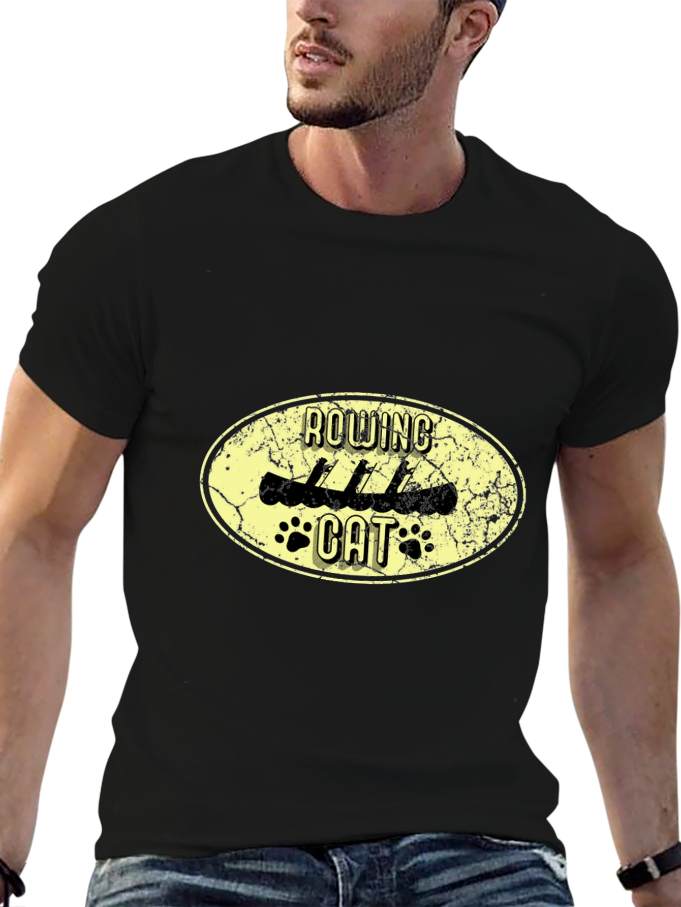 Rowing Cat Graphic Black T-Shirt