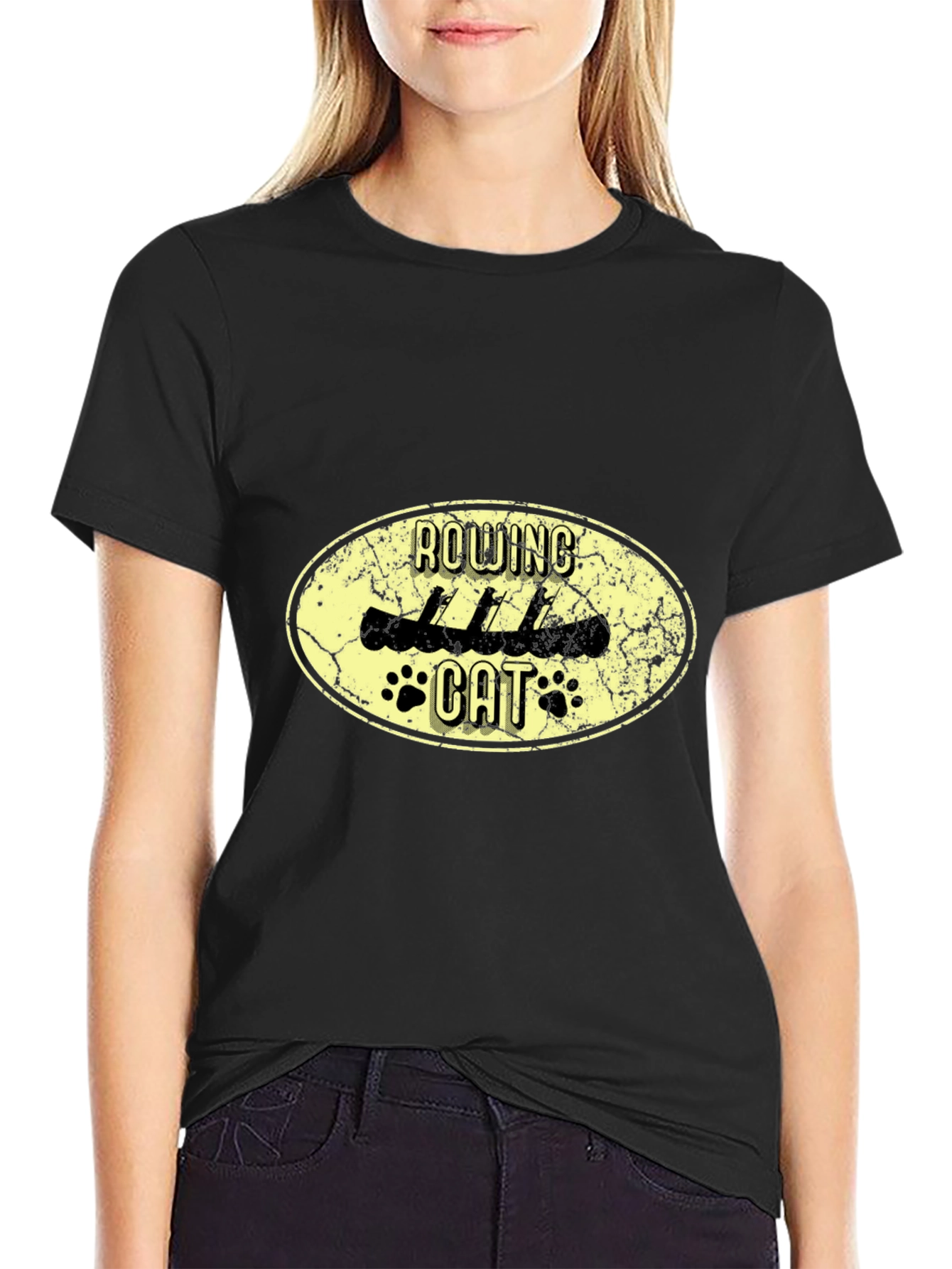 Rowing Cat Graphic Black T-Shirt