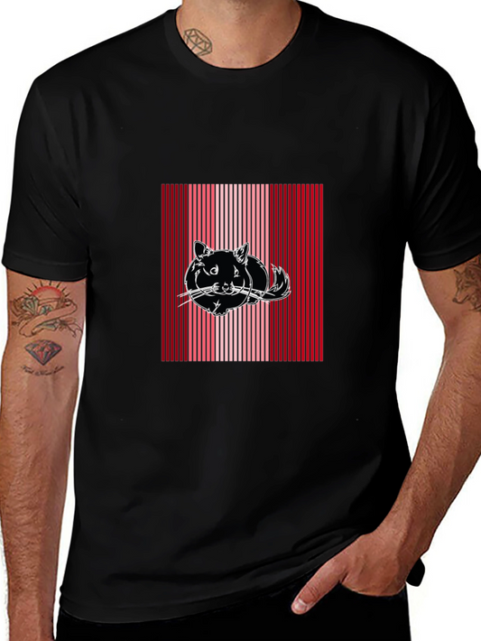 Striped Cat Graphic Tee - Black Cotton Blend