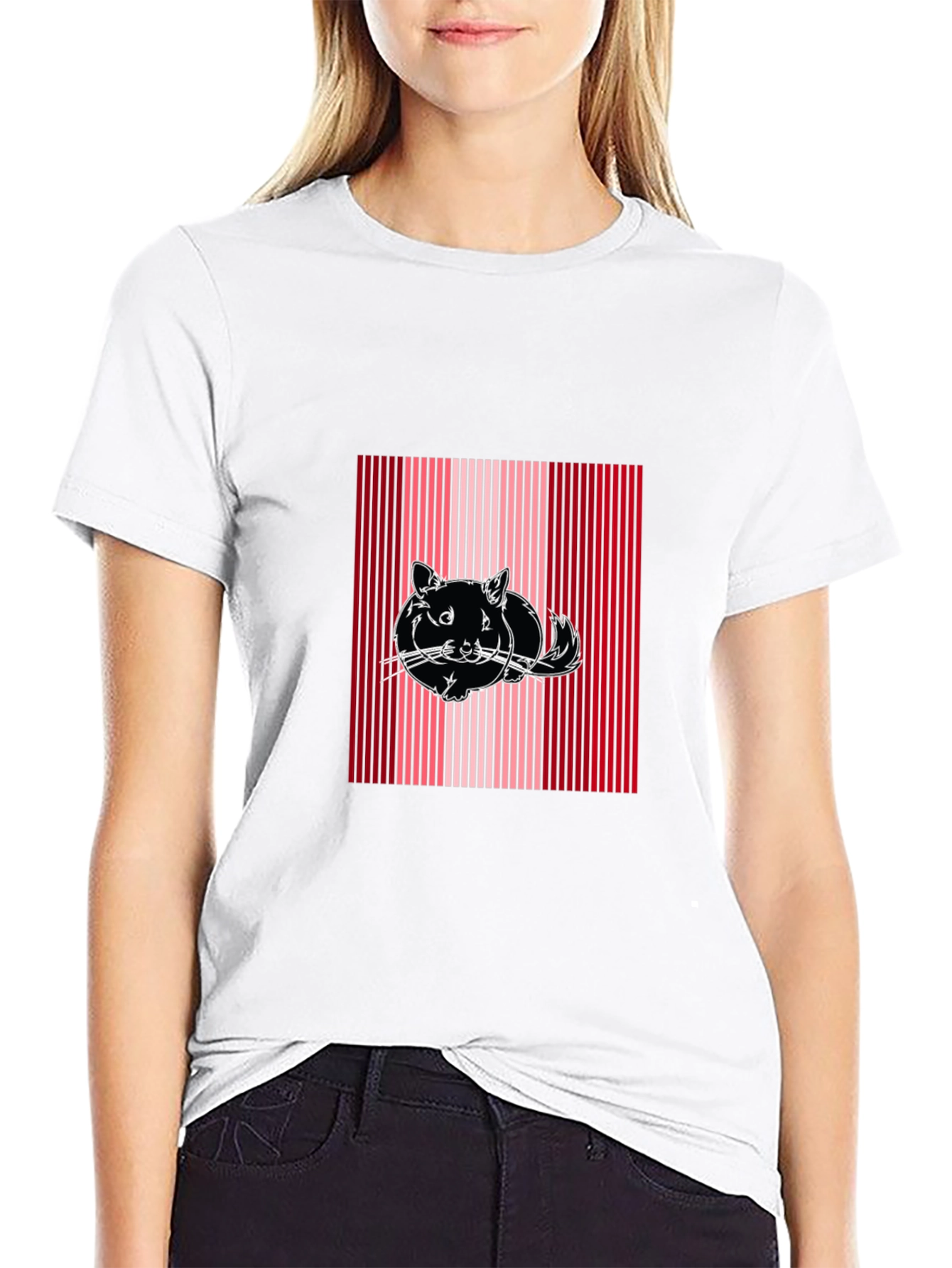 Striped Cat Graphic Tee - Black Cotton Blend