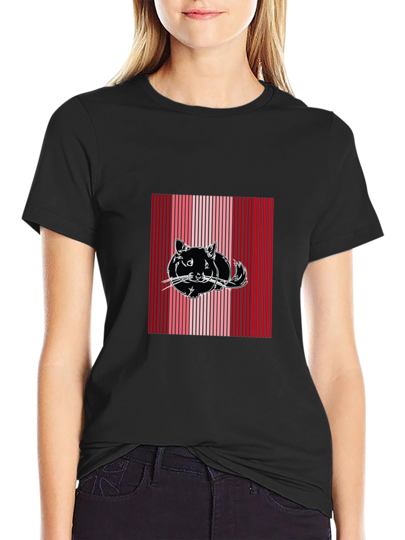 Striped Cat Graphic Tee - Black Cotton Blend