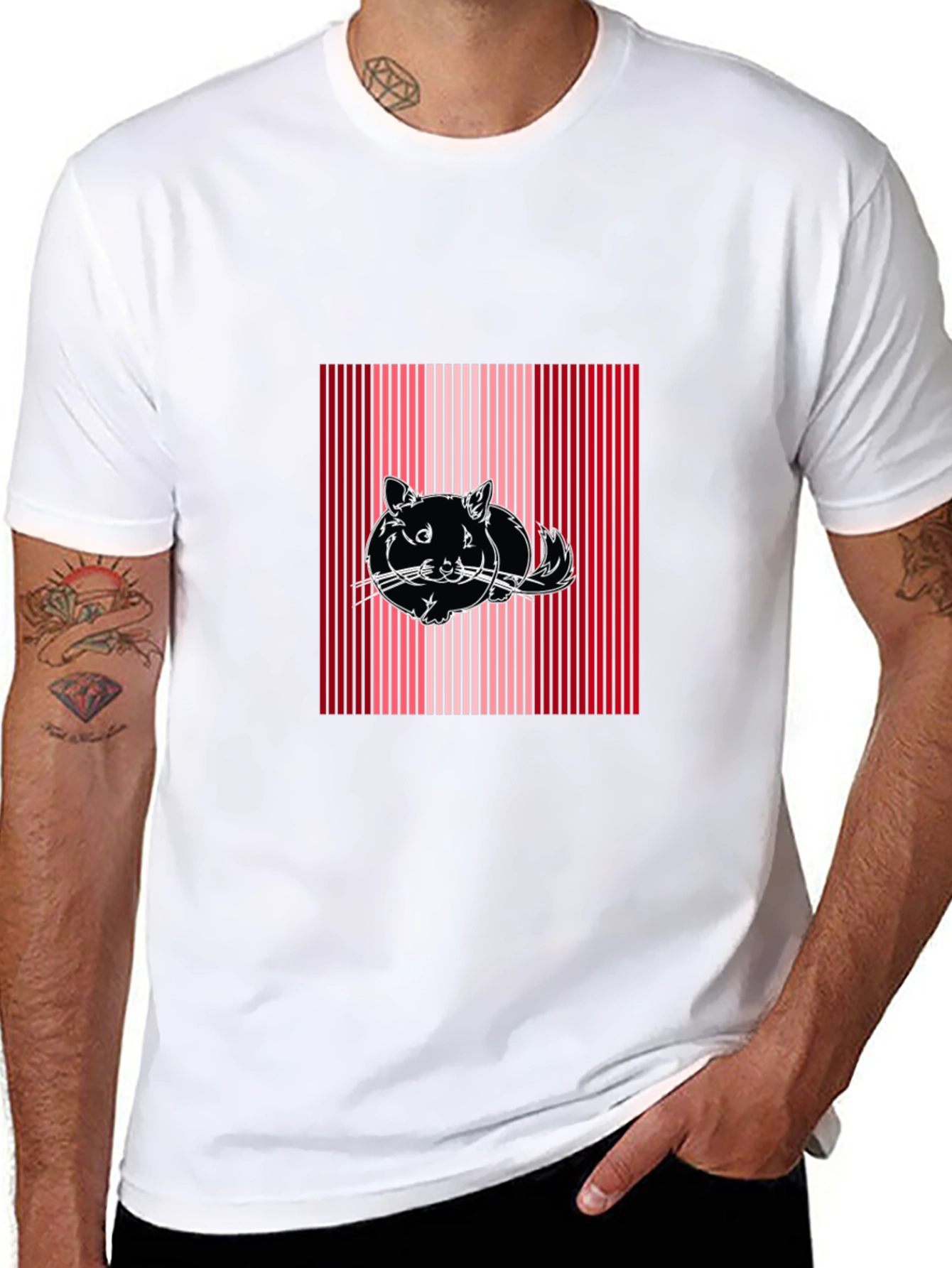 Striped Cat Graphic Tee - Black Cotton Blend