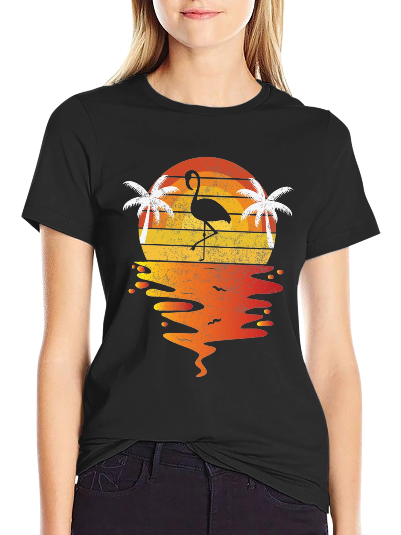 Retro Flamingo Sunset T-Shirt - Tropical Beach Vibes