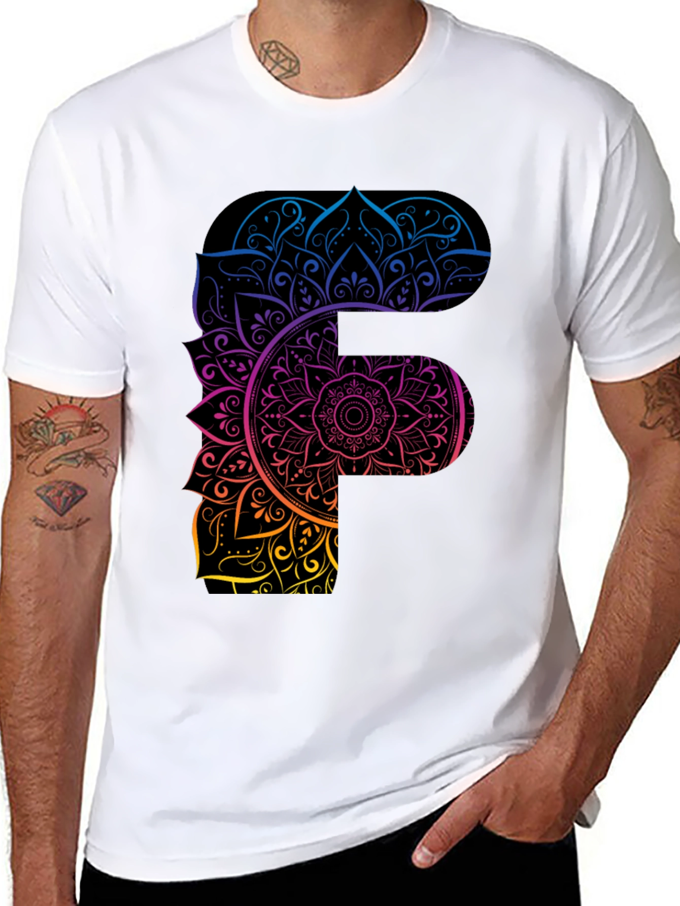 Mandala F Letter Graphic Tee - Unique Gradient Design