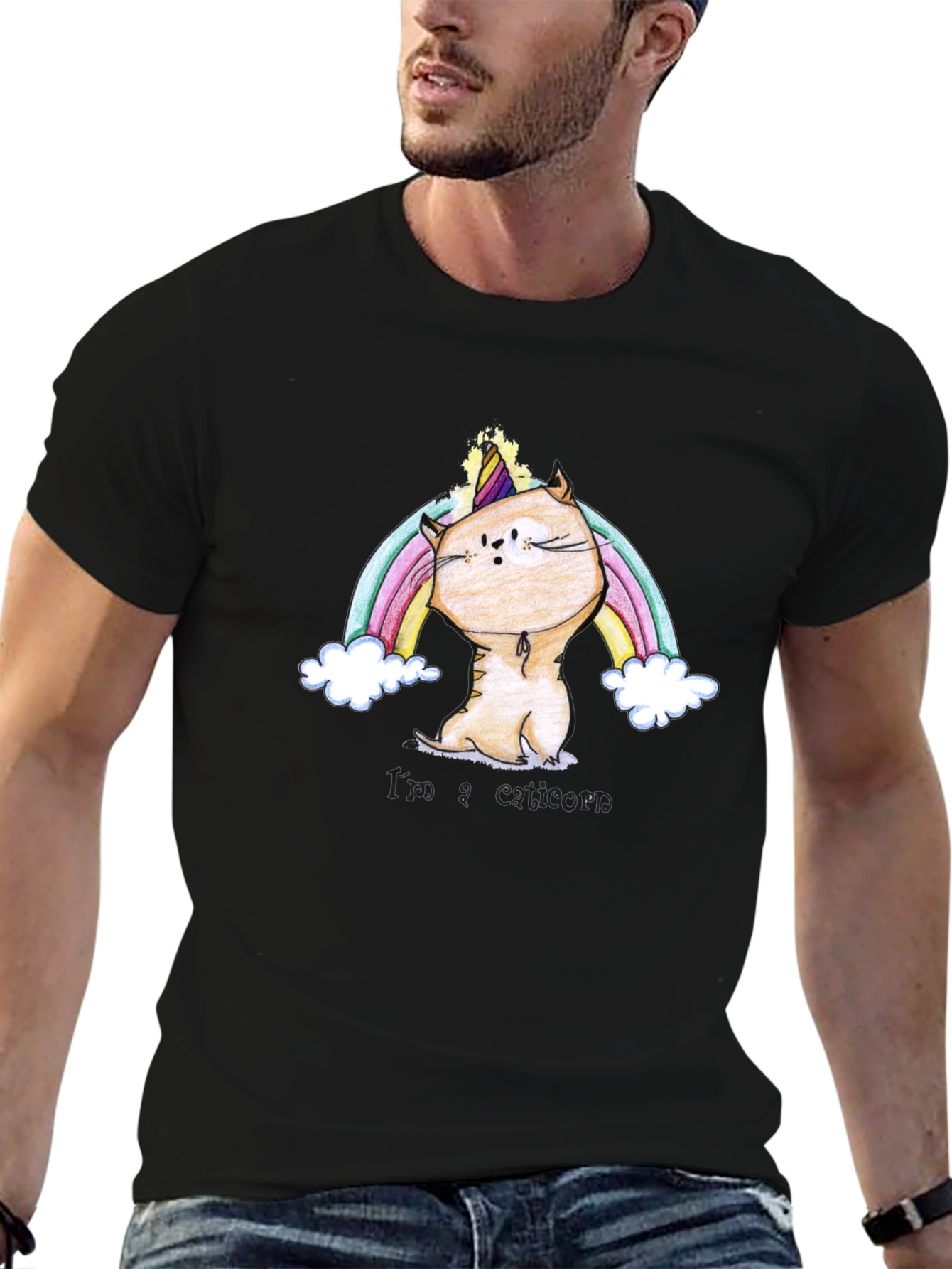Cute Cat Unicorn Black T-Shirt