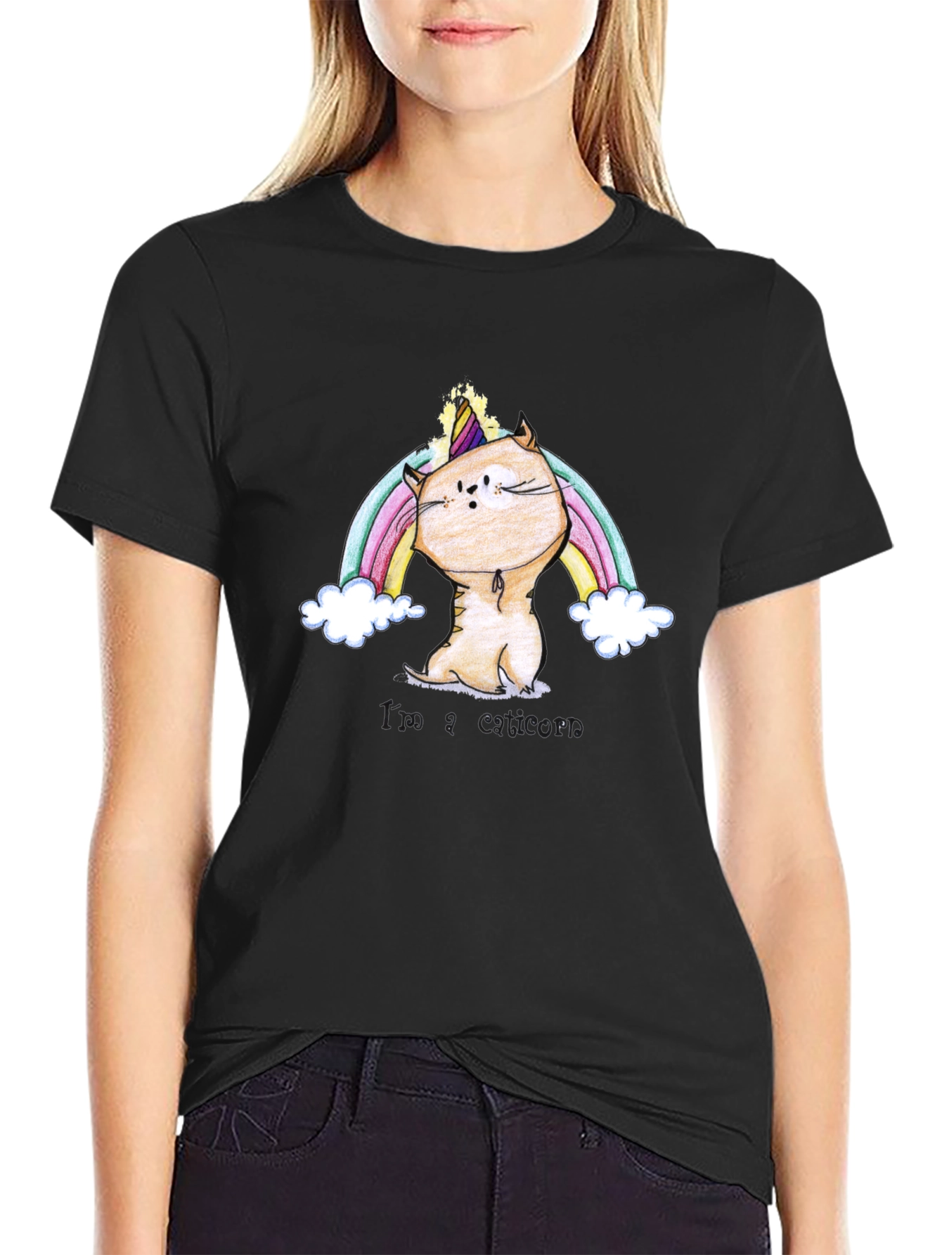 Cute Cat Unicorn Black T-Shirt