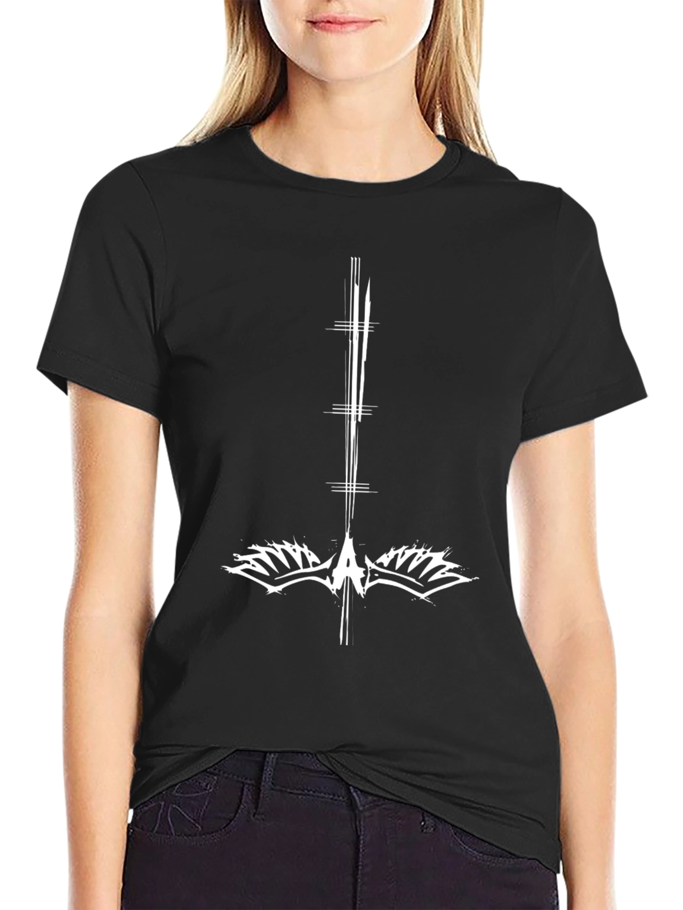 Black T-Shirt with White Geometric Print