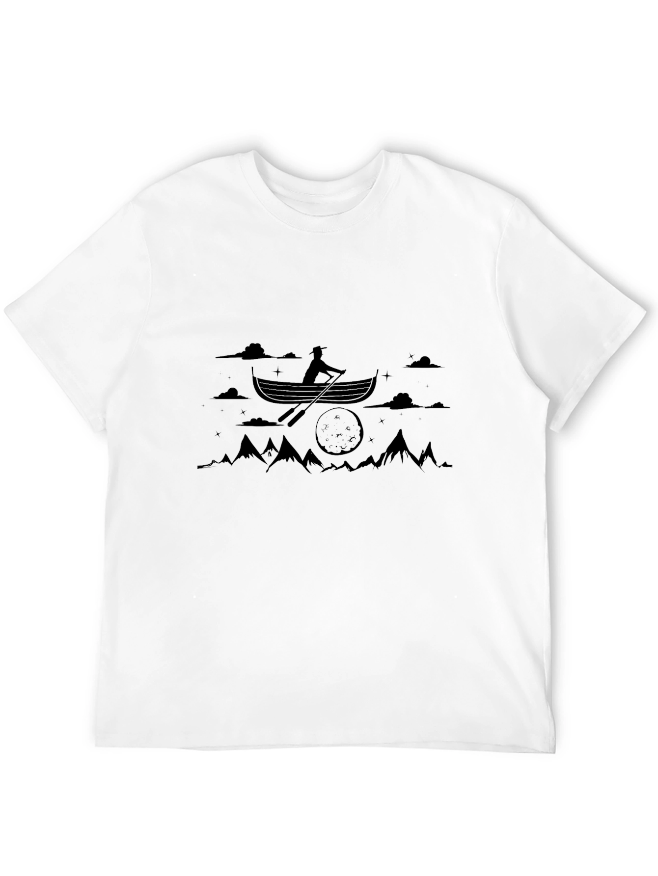 Black Graphic Tee: Rowing Boat Scene