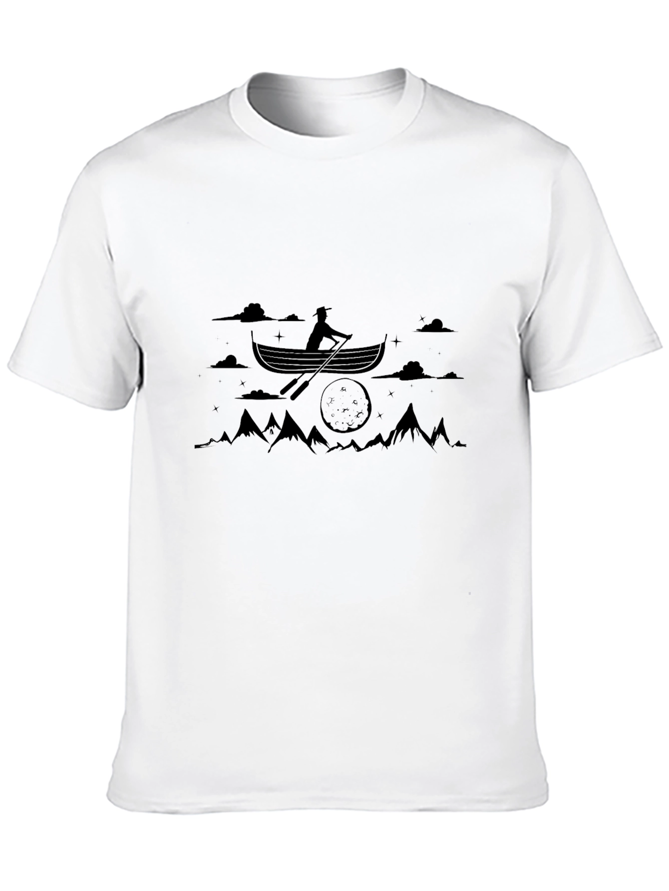 Black Graphic Tee: Rowing Boat Scene