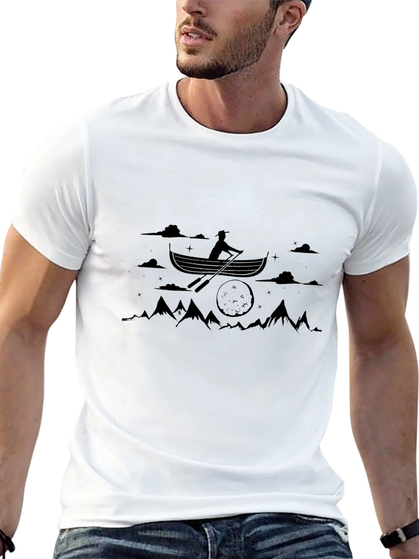 Black Graphic Tee: Rowing Boat Scene