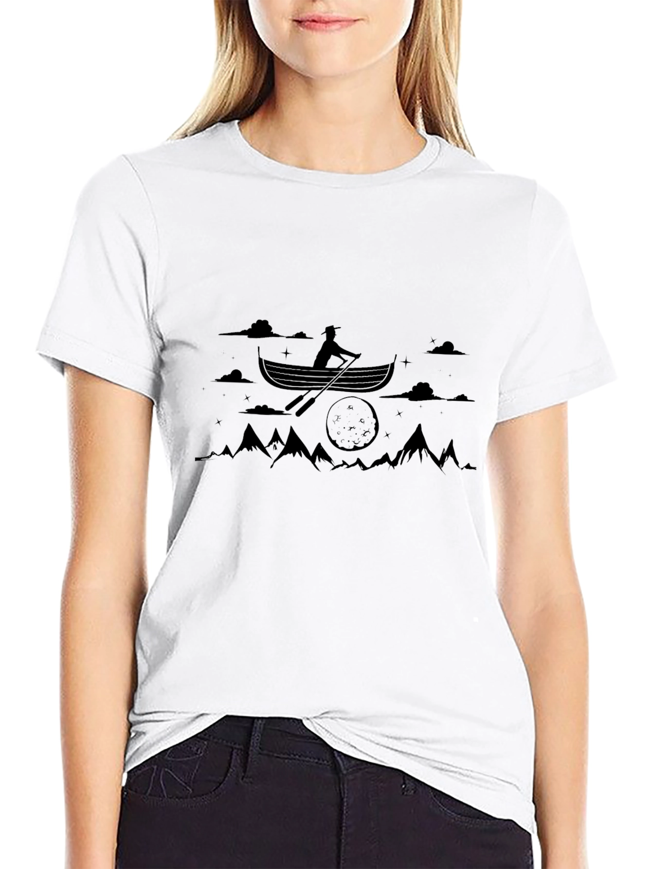Black Graphic Tee: Rowing Boat Scene