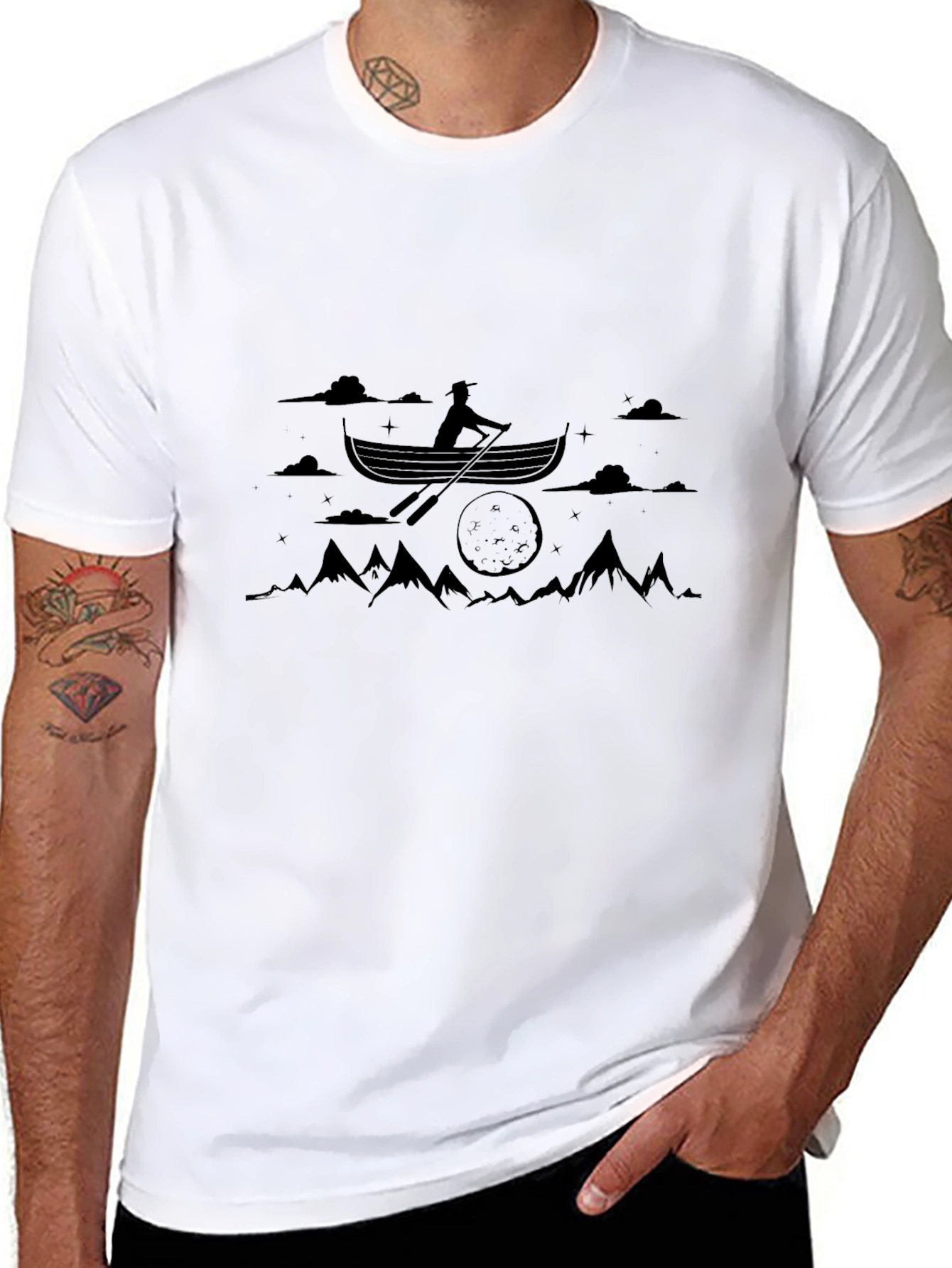 Black Graphic Tee: Rowing Boat Scene