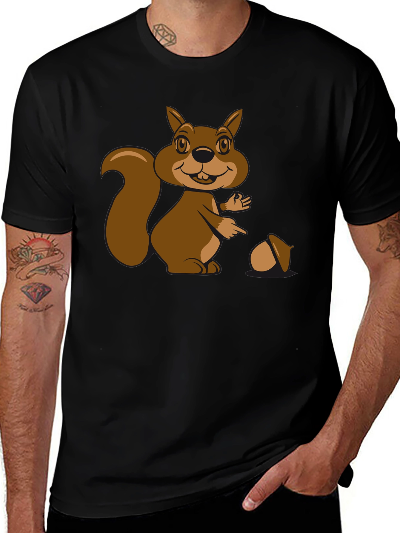 Cartoon Squirrel Graphic T-Shirt - Black Cotton Tee