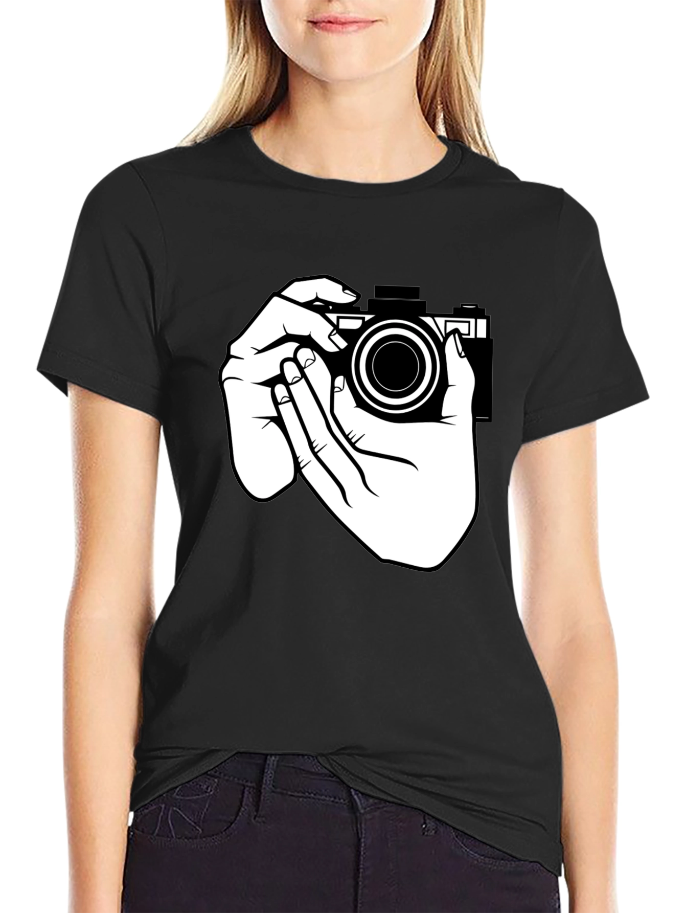 Camera Hands Graphic Tee - Black Cotton T-Shirt