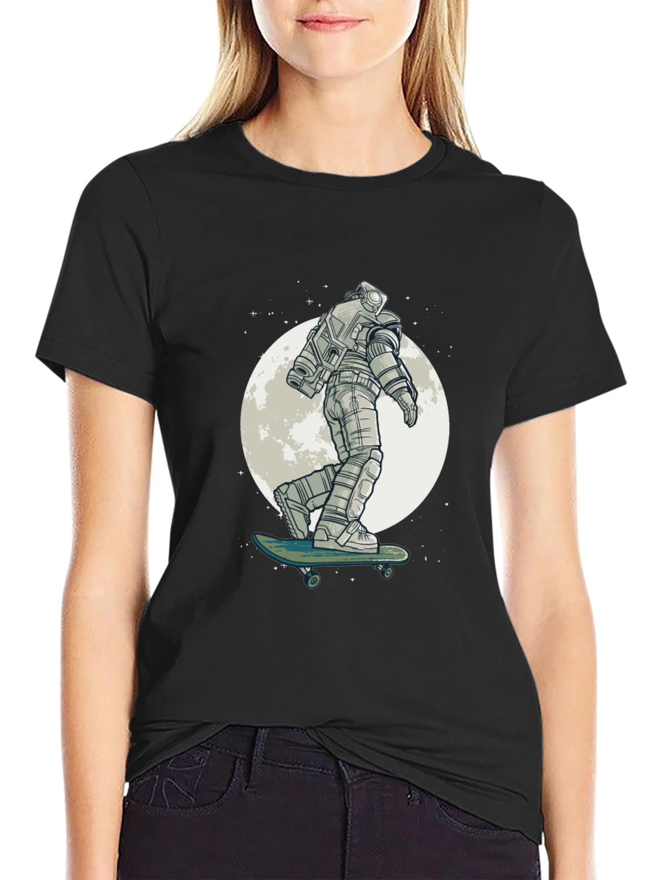 Astronaut Skateboard Graphic Tee - Black Cotton T-Shirt