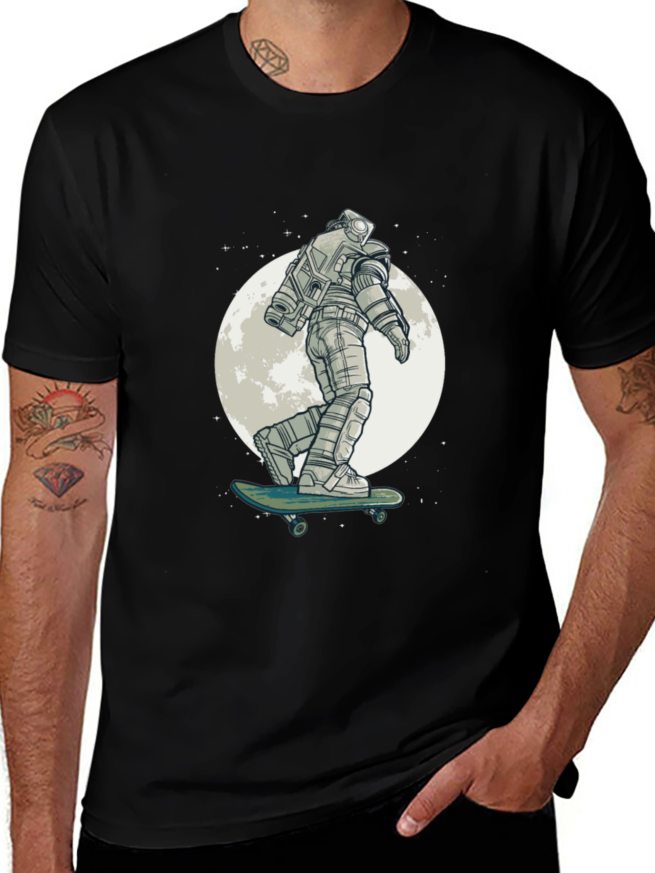 Astronaut Skateboard Graphic Tee - Black Cotton T-Shirt