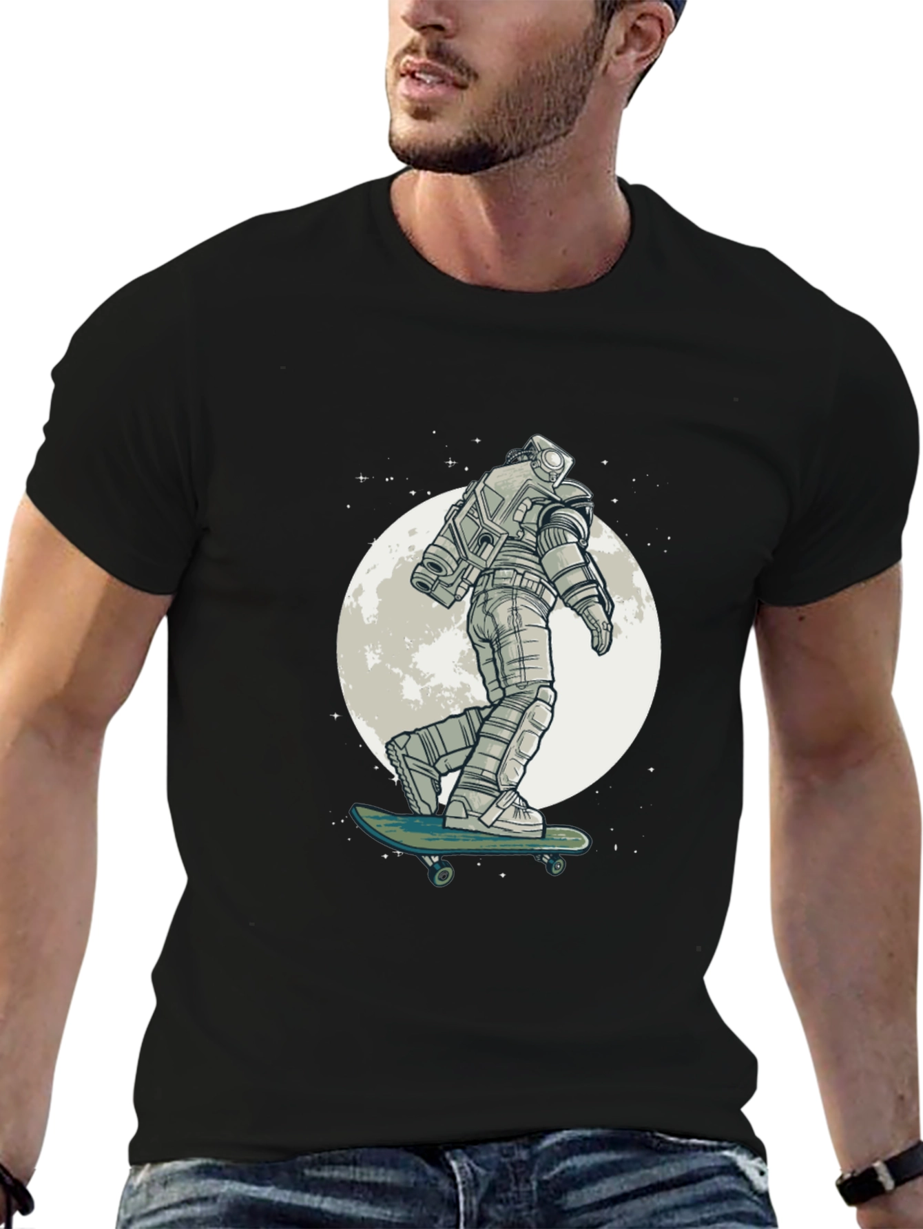 Astronaut Skateboard Graphic Tee - Black Cotton T-Shirt