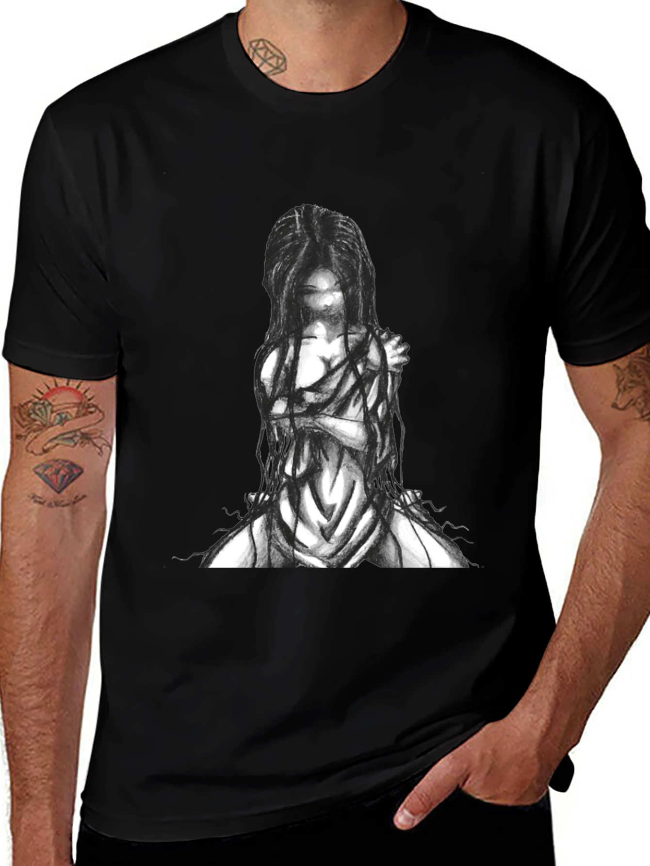 Black Graphic Tee - Ghostly Figure
